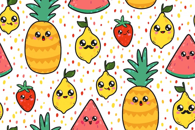 かわいいレモン スイカ そして日本のイチゴとのシームレスなパターンかわいいスタイル 面白い顔イラストと幸せな漫画フルーツキャラクター プレミアムベクター
