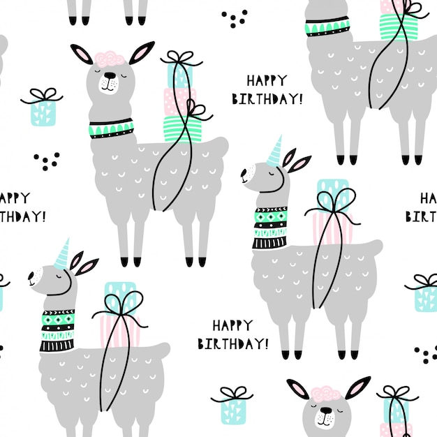 Download Seamless pattern with cute llama. happy birthday. Vector | Premium Download