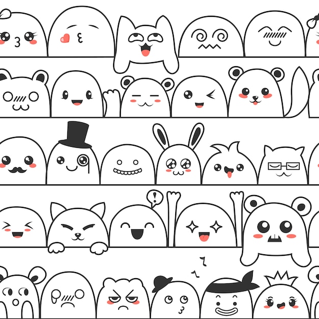 Seamless pattern with cute lovely kawaii monsters and animals. Premium Vector