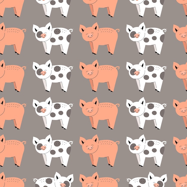 かわいい豚とのシームレスなパターン 家畜の背景 壁紙 パッケージ フラットベクトルイラスト プレミアムベクター