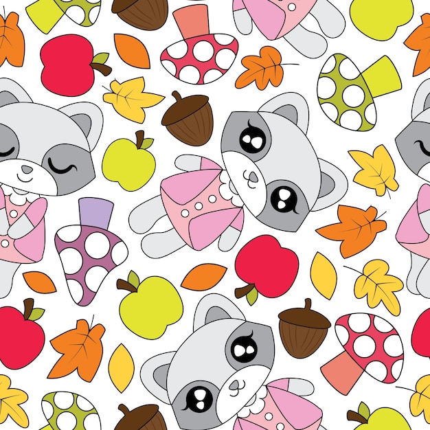 かわいいアライグマの女の子 リンゴ キノコ およびマットルとシームレスなパターンは 白い背景に葉キッド秋シーズンの壁紙デザイン スクラップペーパーと子供の生地の服の背景に適したベクトル漫画 プレミアムベクター