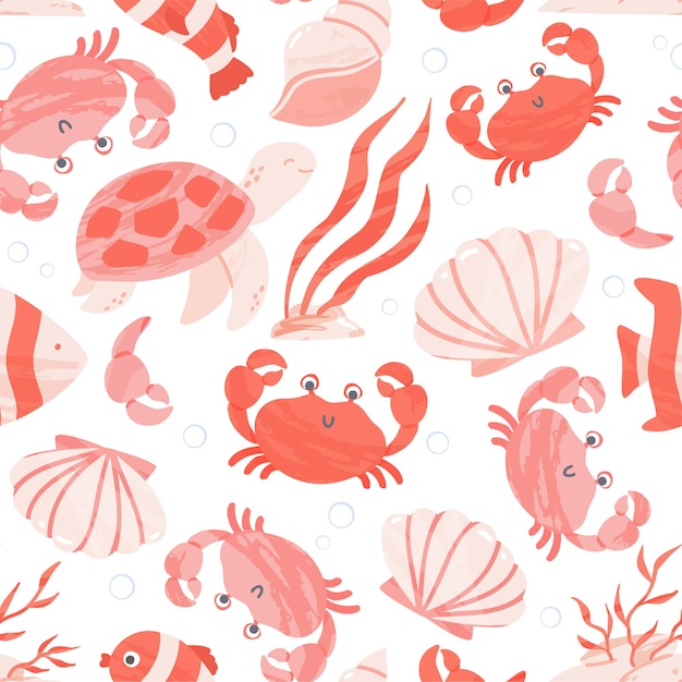 かわいい海と海の動物 サンゴと貝殻とのシームレスなパターン 漫画のイラスト プレミアムベクター
