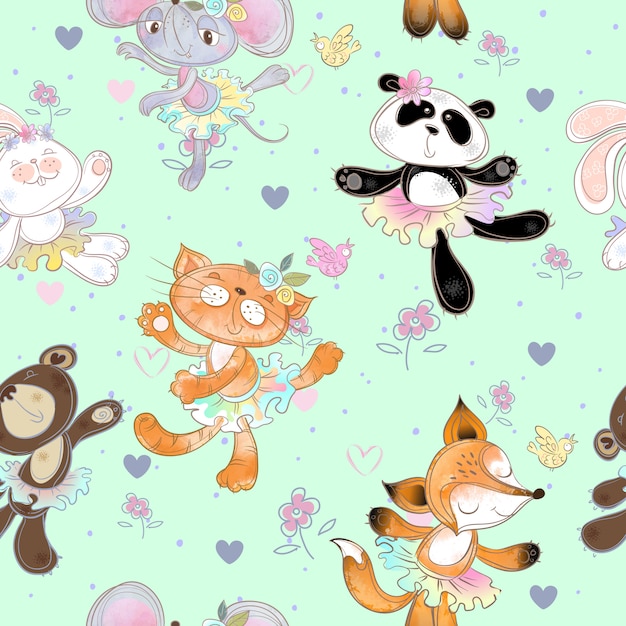 Seamless pattern with dancing animals. kitty fox mouse bear and bunny. ballerinas. Premium Vector