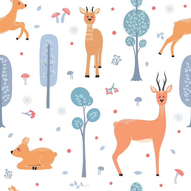 Premium Vector | Seamless pattern with deer, doe, roe deer on the ...