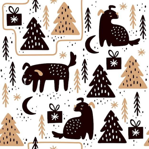 Download Seamless pattern with dogs and christmas trees Vector ...