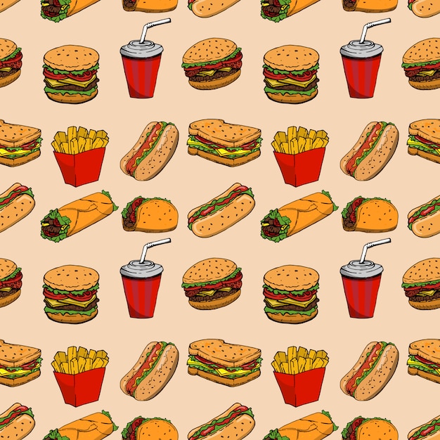 Download Premium Vector Seamless Pattern With Fast Food Hamburger Hot Dog Burrito Sandwich Element For Poster Wrapping Paper Illustration