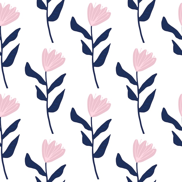 Seamless pattern with flower simple silhouettes. pink buds and navy blue stems. simple floral print.
