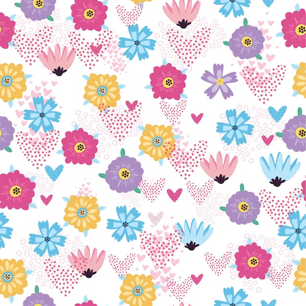 Free Vector Seamless Pattern With Flowers And Hearts