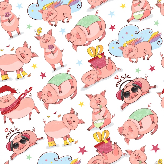 Seamless pattern with funny piggy Premium Vector