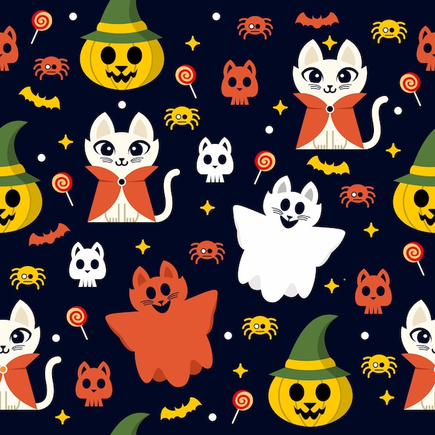 Premium Vector Seamless pattern with a halloween cat cute character