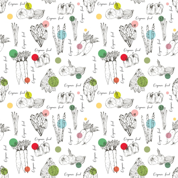 Seamless pattern with hand drawn vegetables background. organic herbs and spices, healthy food drawings pattern vector illustration. Premium Vector