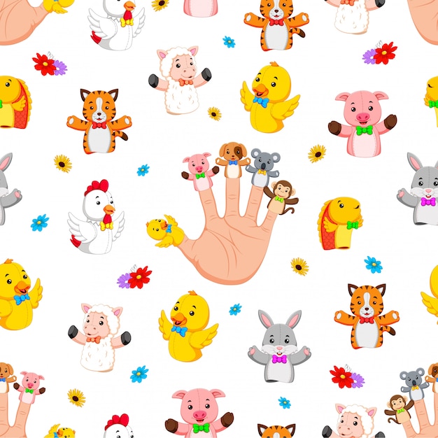 Seamless pattern with hand wearing cute finger puppets Premium Vector