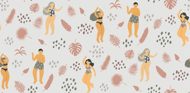 Seamless pattern with happy young people dancing in swimsuit surrounded by tropical leaves Premium Vector
