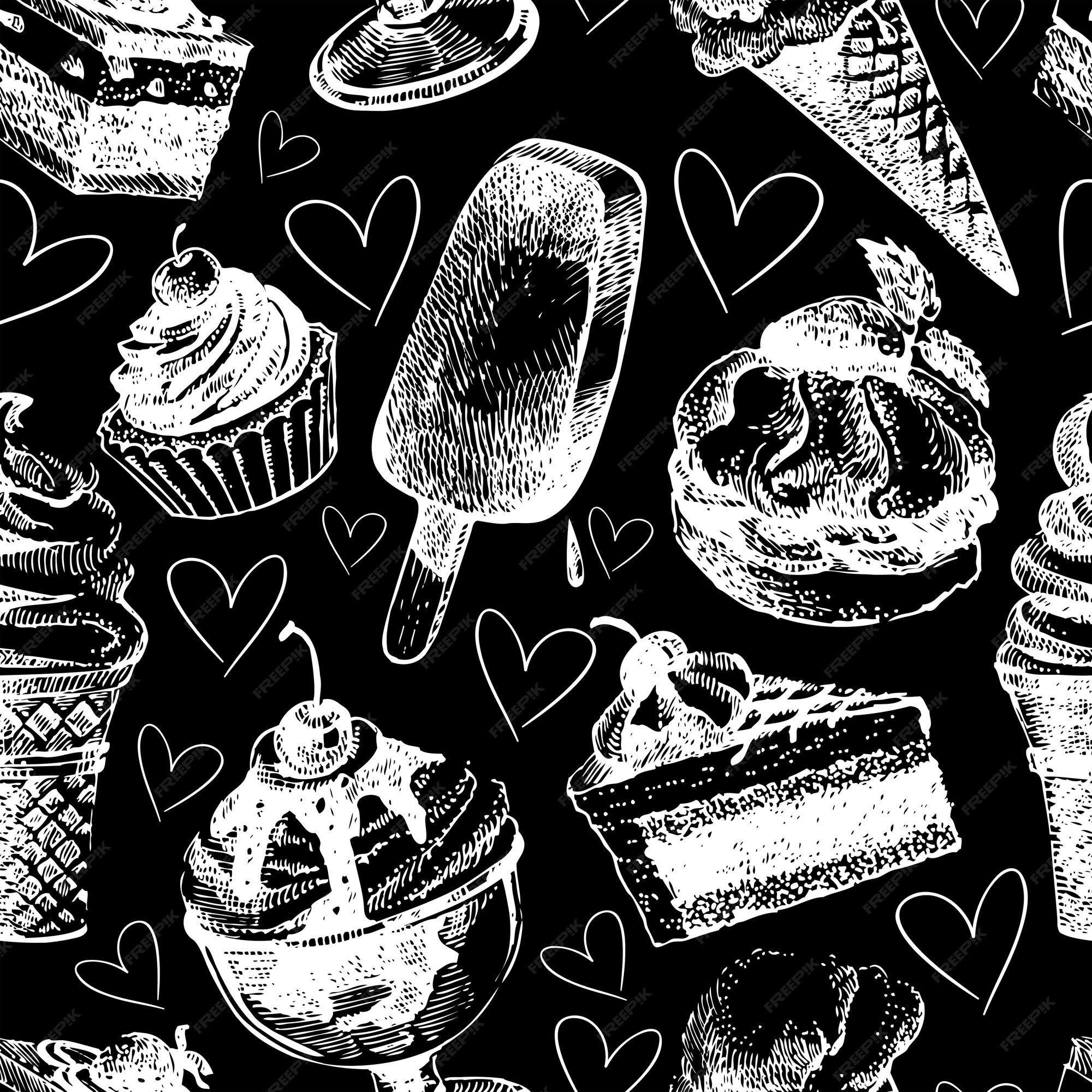 Premium Vector Seamless Pattern With Ice Cream And Cakes Hand Drawn Sketch Vector Illustration 