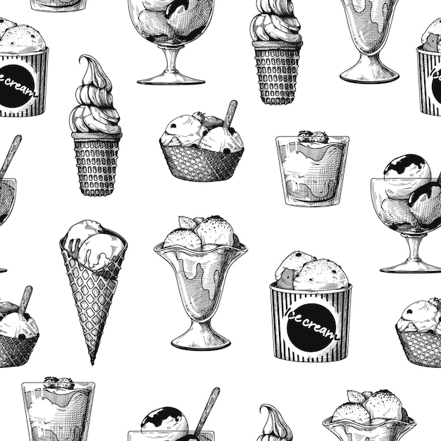 アイスクリームとのシームレスなパターン リアルなアイスクリーム スケッチ風のイラスト プレミアムベクター