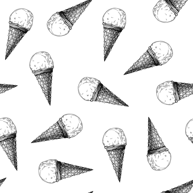 アイスクリームとのシームレスなパターン リアルなアイスクリーム スケッチスタイルのベクトルイラスト プレミアムベクター