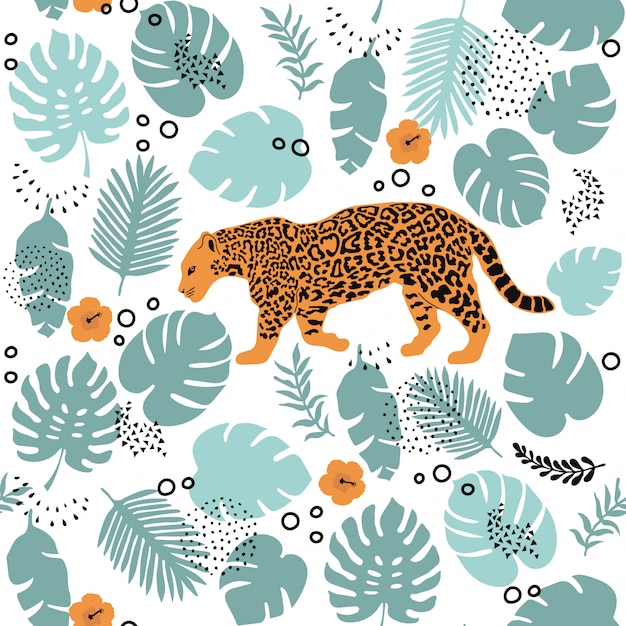 Premium Vector | Seamless pattern with jaguar and tropical elements