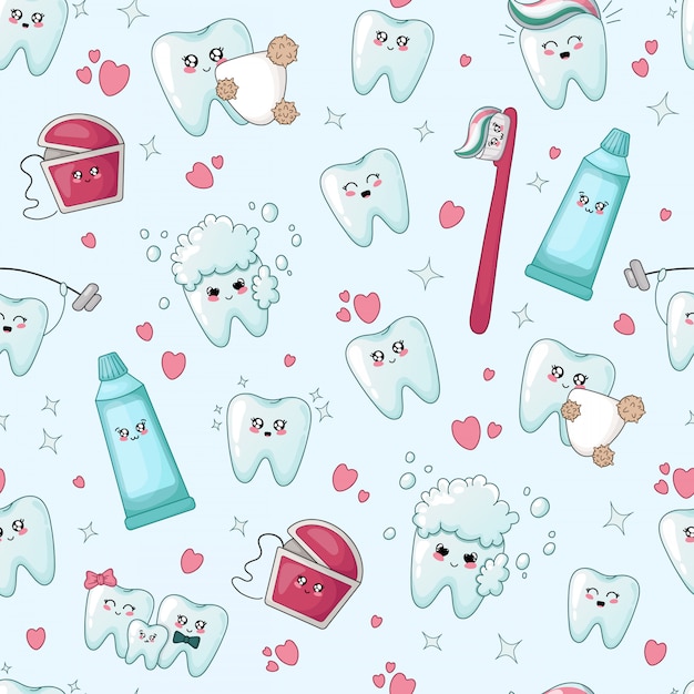 Seamless pattern with kawaii teeth with different emoji Premium Vector