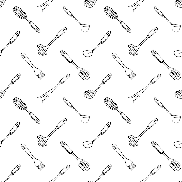 Premium Vector Seamless Pattern With Kitchen Utensils Monochrome   Seamless Pattern With Kitchen Utensils Monochrome Backdrop With Hand Drawn Outline Doodles 172597 625 