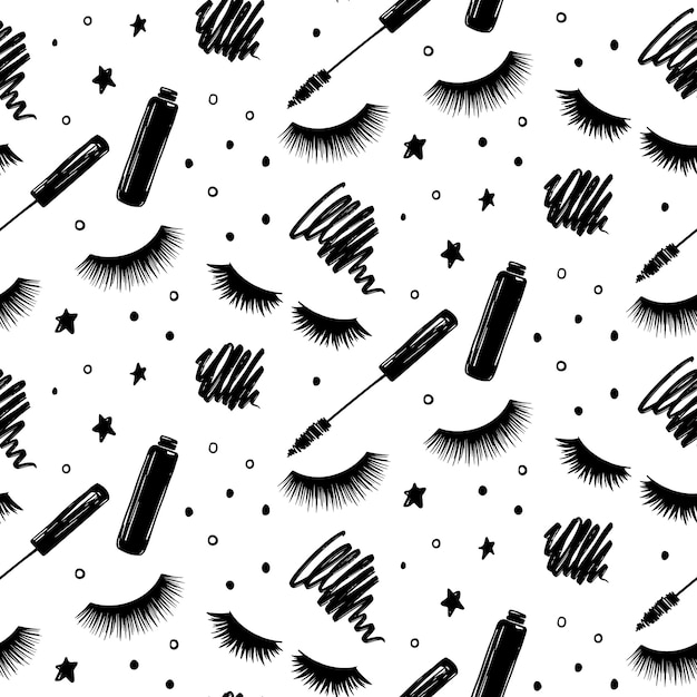 Seamless pattern with lashes and mascara. closed eyes