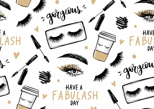 Seamless pattern with mascara, eyeshadow, eyes, brows and long black lashes, paper coffee cup and br