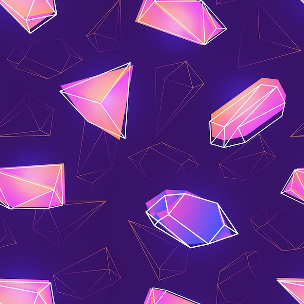 ネオン色の宝石 鉱物の結晶またはピラミッドと紫色の背景にそれらの輪郭とのシームレスなパターン 壁紙 生地印刷 背景のスタイリッシュなカラフルなイラスト プレミアムベクター