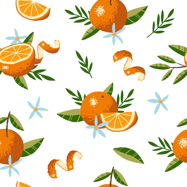 オレンジ 花 葉とのシームレスなパターン 繰り返される背景 布や壁紙のベクトル印刷 プレミアムベクター