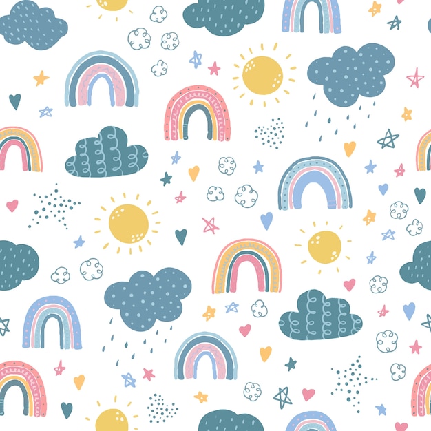Seamless pattern with rainbows and clouds Premium Vector