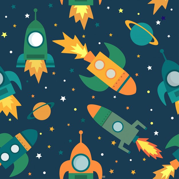 Premium Vector | Seamless pattern with rockets, planets, stars in the ...