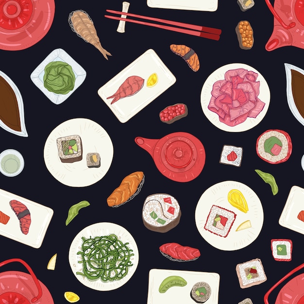 黒の背景に寿司 刺身 ロールとのシームレスなパターン 伝統的な日本食レストランの食事とエレガントな背景 包装紙 壁紙のリアルな手描きイラスト プレミアムベクター