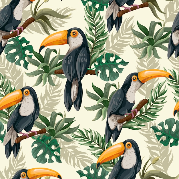 Premium Vector | Seamless pattern with toucans in jungle.