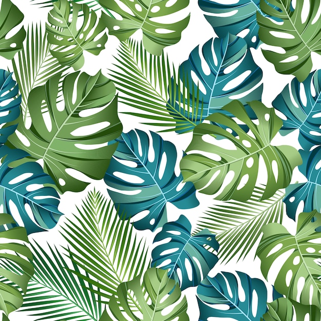 Premium Vector Seamless Pattern With Tropical Leaves Palms Monstera Jungle Leaf 