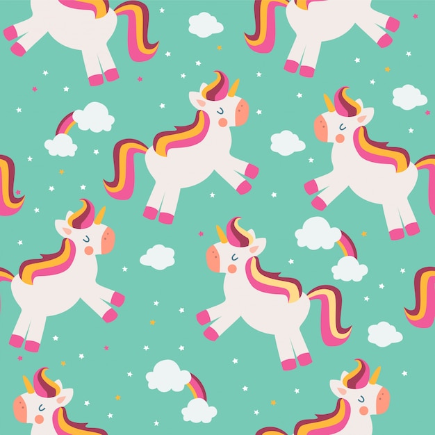 Premium Vector | Seamless pattern with unicorns, clouds and rainbows.