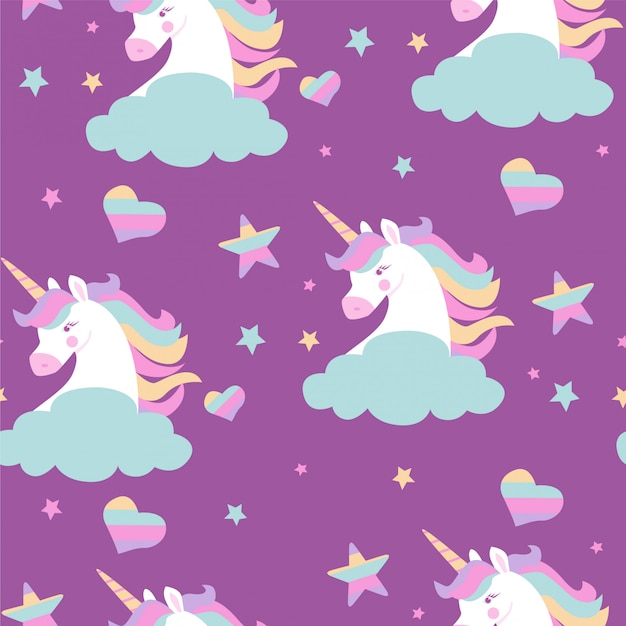 Premium Vector | Seamless pattern with unicorns heads, stars, hearts ...