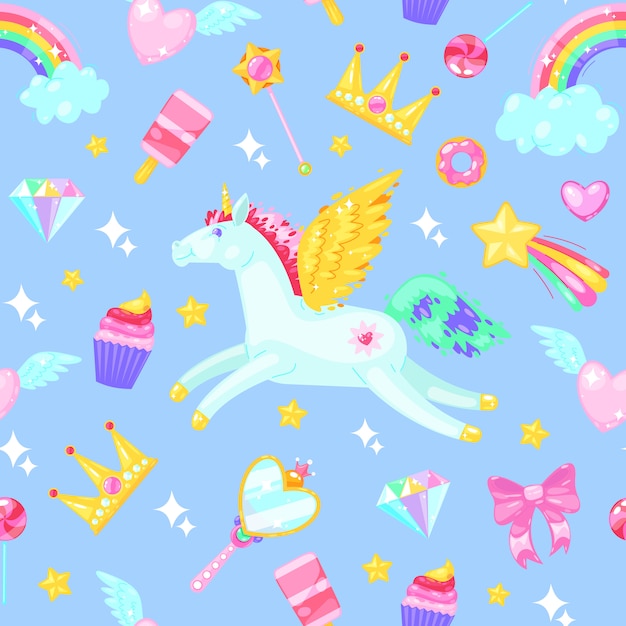 Seamless pattern with unicorns, hearts, dresses, candies, clouds, rainbows and other elements on blue. Premium Vector
