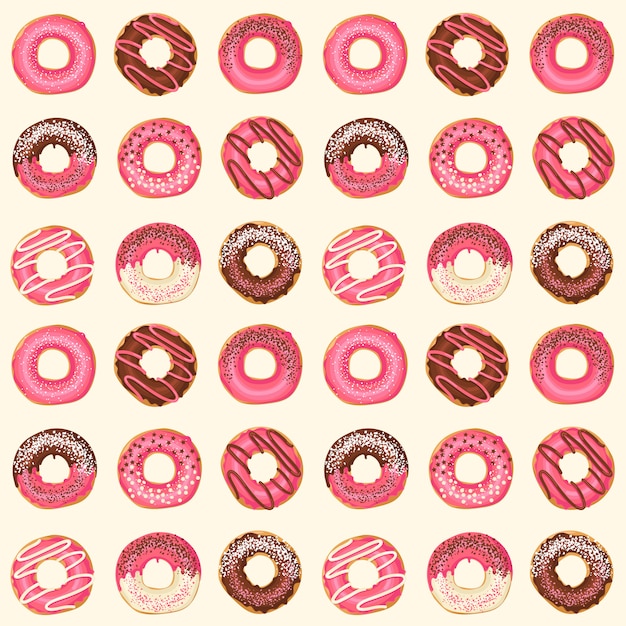 Seamless pattern with vector sweet pink glazed donuts with chocolate and powder. food design. Premium Vector