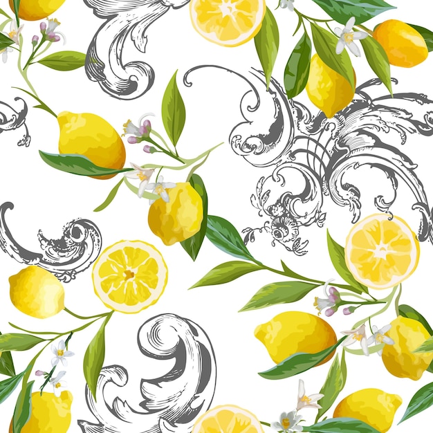 黄色のレモンフルーツ 花 葉 壁紙 ファブリック プリントのレモンと花の背景とヴィンテージのバロッコデザインのシームレスなパターン ベクトルイラスト プレミアムベクター