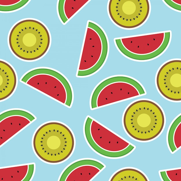 Seamless pattern with watercolor kiwi fruit and watermelon slices Premium Vector