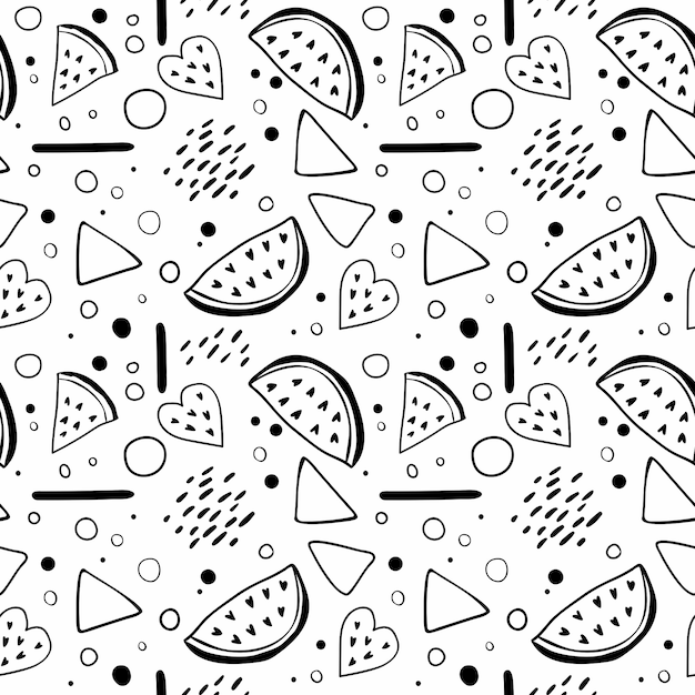 無料のベクター スイカとメンフィススタイルの要素とのシームレスなパターン 果物と幾何学的な形の白黒プリント 手描きイラスト