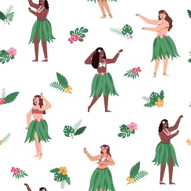 女性のハワイアンフラダンサーと熱帯の葉とのシームレスなパターン ハワイアンの繰り返し可能な動機を持つ装飾的な無限の背景 プレミアムベクター