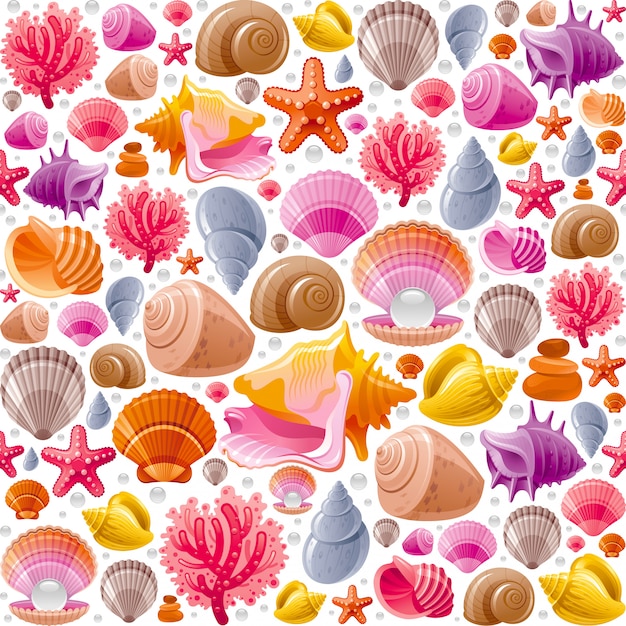 シームレスな貝殻パターン 海の貝のイラスト プレミアムベクター