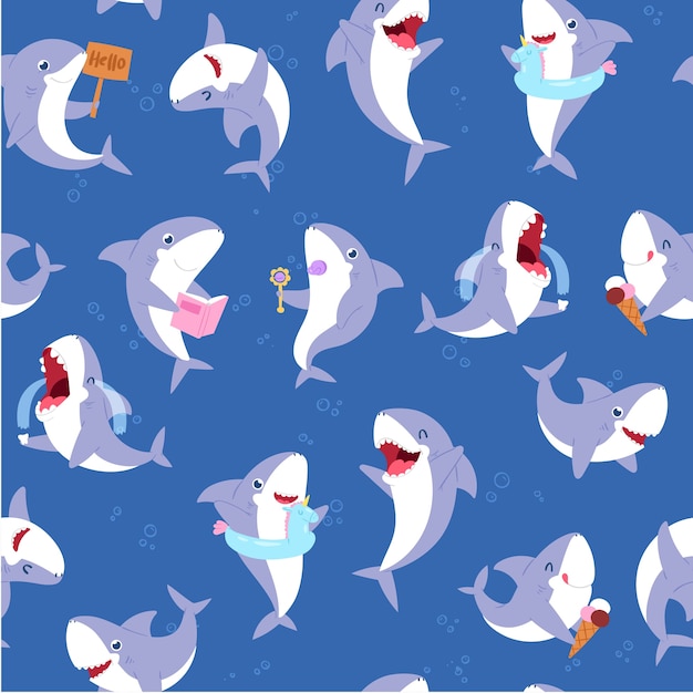 シームレスなサメのパターン かわいい水中動物 面白い海の魚 幸せの青い壁紙 イラスト 海洋の野生のファッションの背景 野生動物の夏 甘い水生生物 プレミアムベクター
