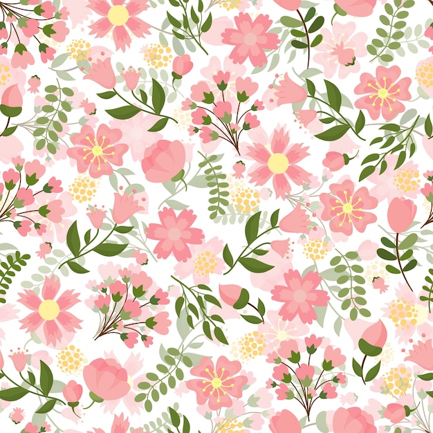壁紙やテキスタイルのベクトル図に適した正方形のフォーマットでかわいいピンクの花と緑の葉を持つ花の密なパターンを持つシームレスな春の花 無料のベクター