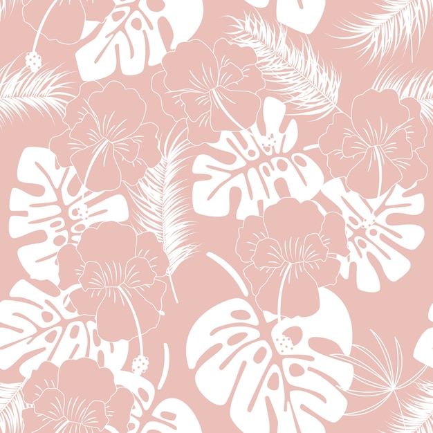 Seamless tropical pattern with white monstera\
leaves and flowers on pink background
