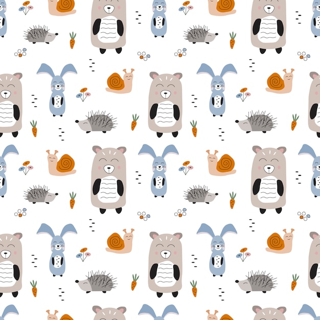 森の動物とのシームレスなベクターパターン 手描きのかわいい漫画のクマ ウサギ ハリネズミ カタツムリ 北欧スタイルの子供たちのイラスト プレミアムベクター