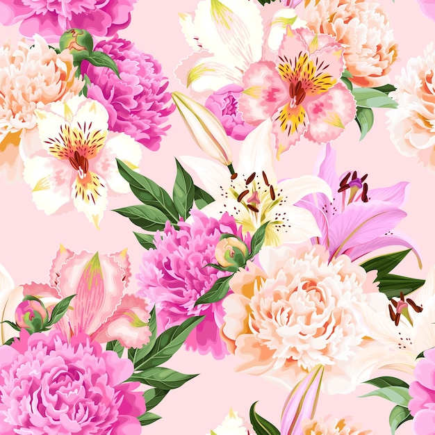 Premium Vector | Seamless vector pattern with pink and white flowers on ...