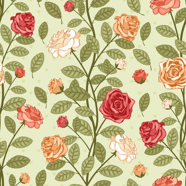 バラとシームレスなベクトルヴィンテージパターンの壁紙 緑の背景に色とりどりの花のビクトリア朝の花束 無料のベクター