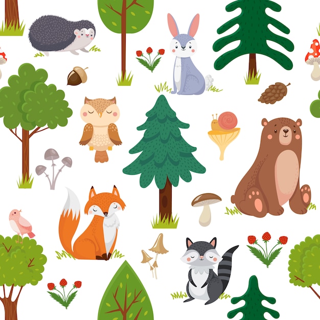 シームレスな森の動物のパターン 夏の森かわいい野生動物と森の花の漫画のベクトルの背景 プレミアムベクター