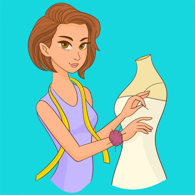 Seamstress wearing dress on mannequin Premium Vector