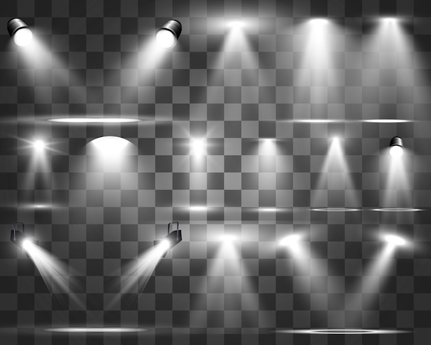 舞台照明用のサーチライトコレクション 光透過効果 スポットライト付きの明るく美しい照明 プレミアムベクター
